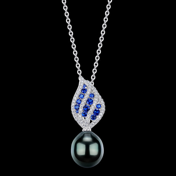 Sapphire Leaf Tahitian Black Pearl Pendant