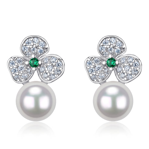 Floral Leaf Green Zirconia Pearl Earrings - Natural Beauty