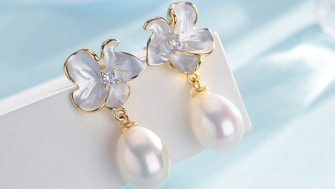 Magnolia Flower Pearl Drop Earrings