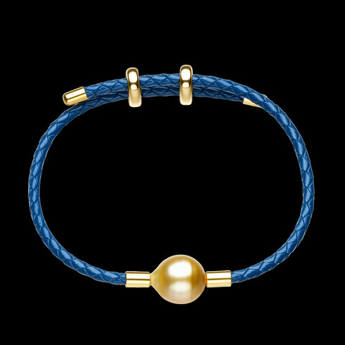 Golden South Sea Pearl Blue Leather Bracelet