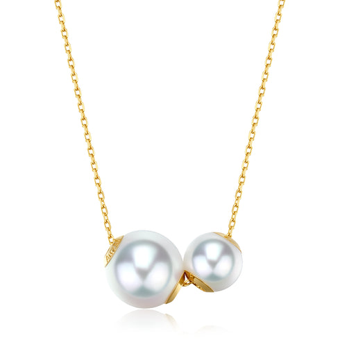 Dual White Akoya Pearl Pendant Necklace - 18K Solid Gold