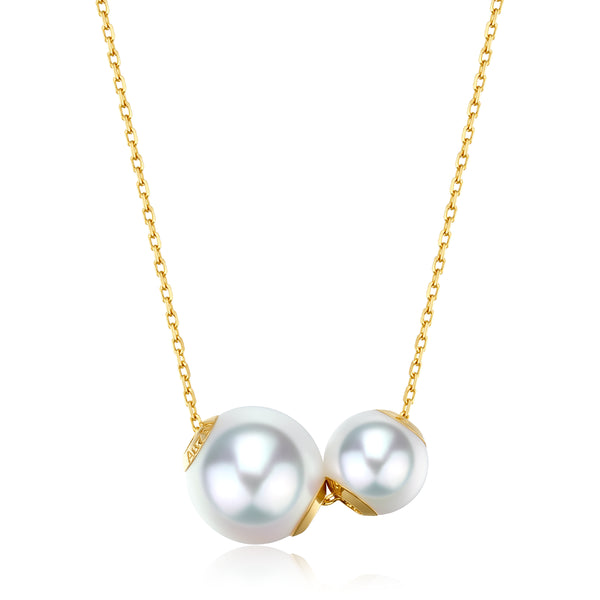 Dual White Akoya Pearl Pendant Necklace - 18K Solid Gold
