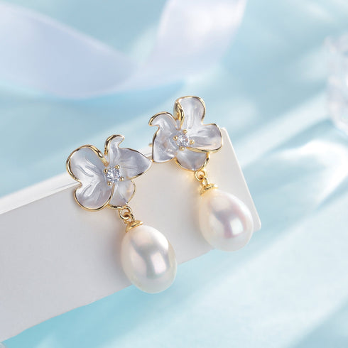 Magnolia Enamel Pearl Drop Earrings - May-Lynn