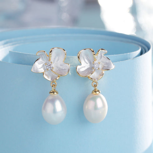 Magnolia Enamel Pearl Drop Earrings - May-Lynn