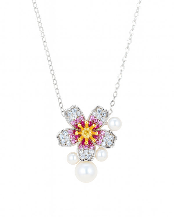 3–7mm Freshwater Pearl Floral Zirconia Pendant Necklace