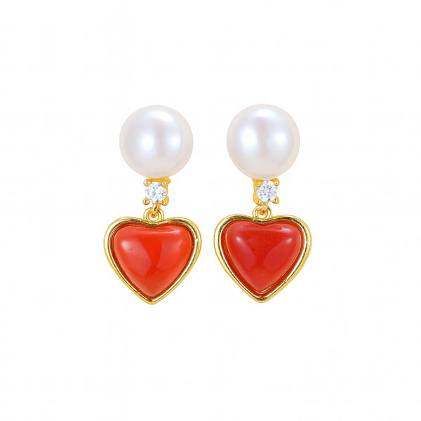 Red Heart Pearl Earrings - Gold Vermeil