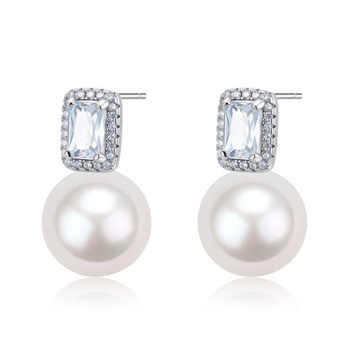 11-12mm Freshwater Pearl Rectangular Zircon Stud Earrings