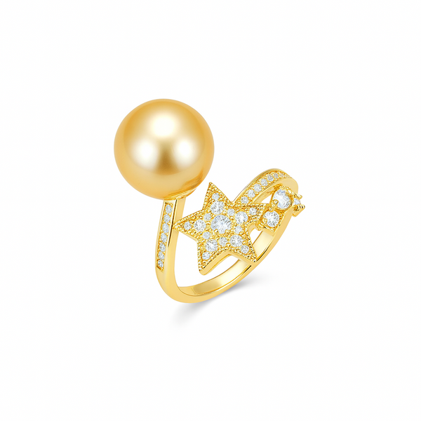 Golden South Sea Pearl Shooting Star Open Ring - White/Gold Pearl