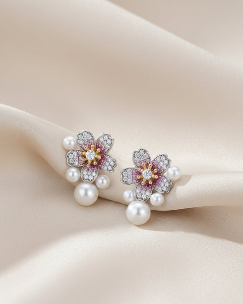 3–7mm Freshwater Pearl Floral Zirconia Stud Earrings