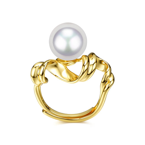 Fluid Wave Freshwater Pearl Open Ring - Gold Vermeil