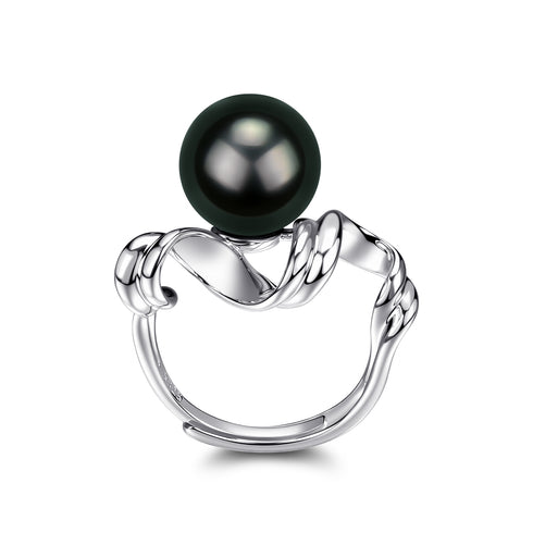 Fluid Wave Tahitian Black Pearl Ring - Sterling Silver
