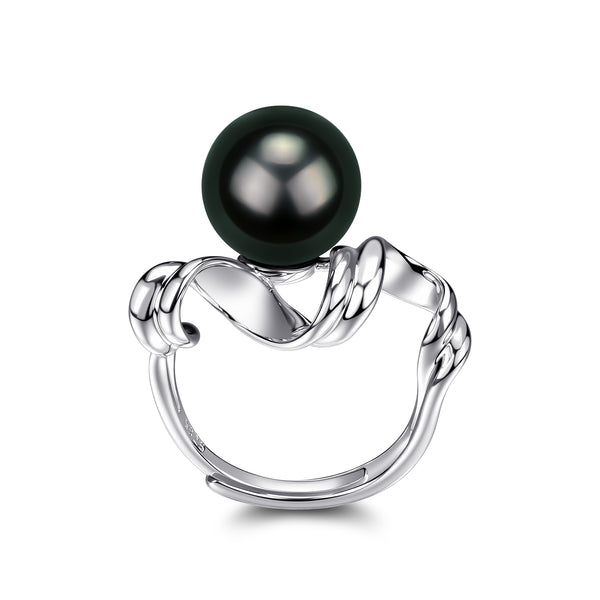 Fluid Wave Tahitian Black Pearl Ring - Sterling Silver