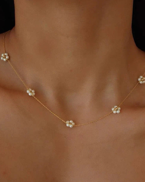 Dainty Floral Pearl Necklace - 18K Gold Vermeil