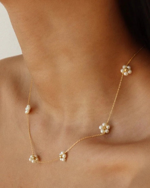 Dainty Floral Pearl Necklace - 18K Gold Vermeil