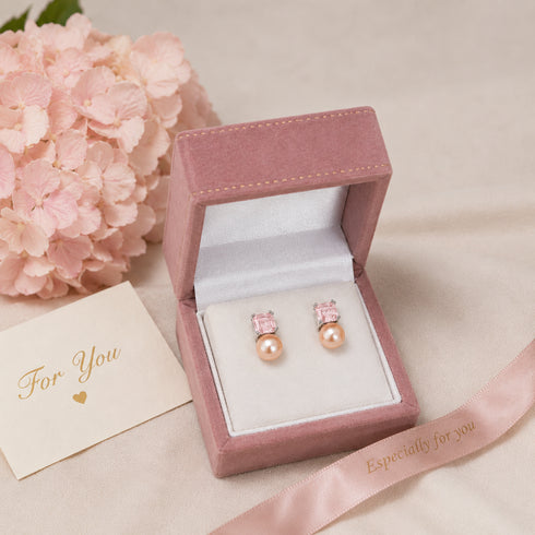 Pink Cube Pearl Stud Earrings