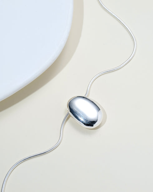 Minimal Oval Pendant Long Necklace - Solid Silver