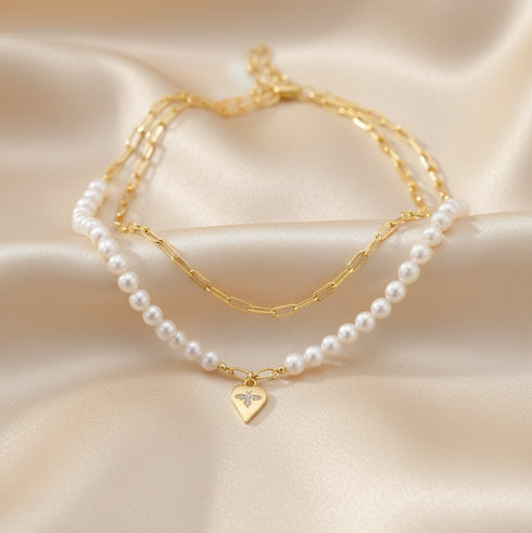28-Inch Freshwater Pearl & Chain Necklace with Gold Heart Bee Pendant