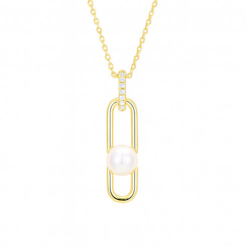 Modern Link Pearl Pendant Necklace - Gold Vermeil