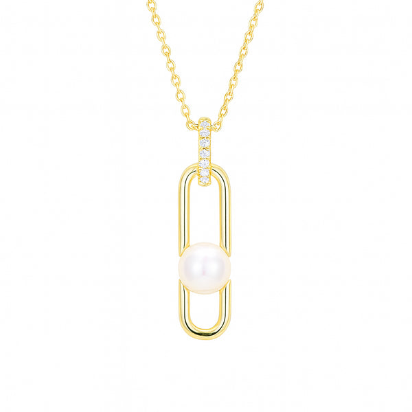 Modern Link Pearl Pendant Necklace - Gold Vermeil