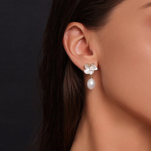 Magnolia Flower Pearl Drop Earrings