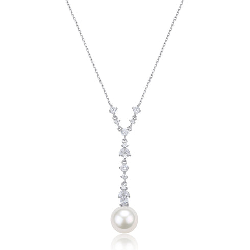 10-11mm White Freshwater Akoya Pearl & Cubic Zirconia Y-Shape Necklace - House Of Pearls