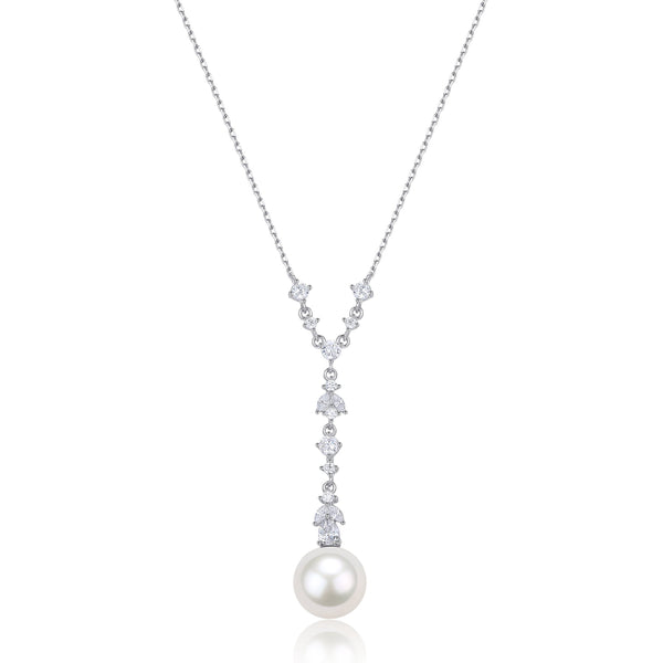 10-11mm White Freshwater Akoya Pearl & Cubic Zirconia Y-Shape Necklace - House Of Pearls