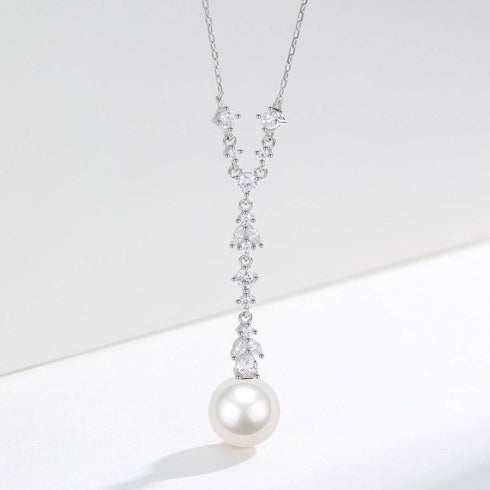 10-11mm White Freshwater Akoya Pearl & Cubic Zirconia Y-Shape Necklace - House Of Pearls
