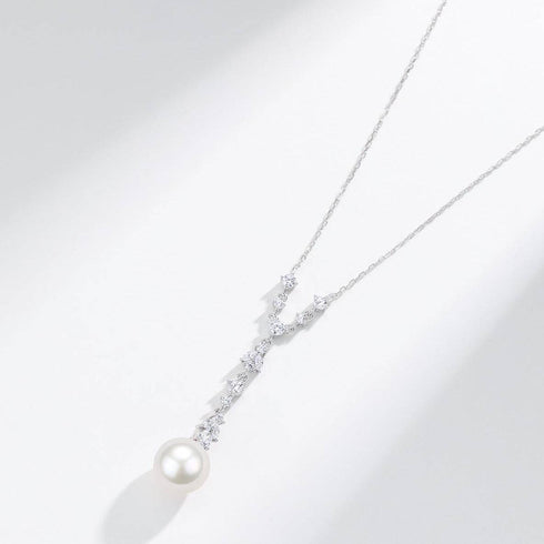 10-11mm White Freshwater Akoya Pearl & Cubic Zirconia Y-Shape Necklace - House Of Pearls