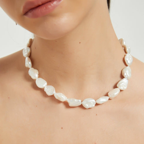Flat Baroque Pearl Necklace with Heart-Shaped Silver Clasp - House Of Pearls