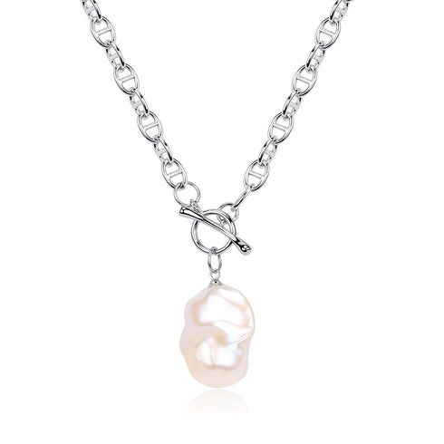 Bold Silver Chain Large Baroque Pearl Necklace