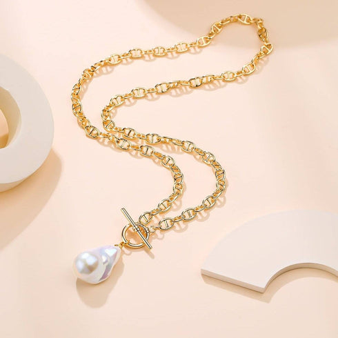 Bold Gold Chain Large Baroque Pearl Necklace