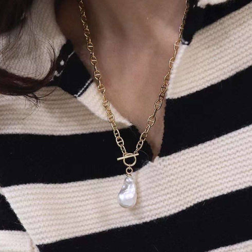 Bold Gold Chain Large Baroque Pearl Necklace