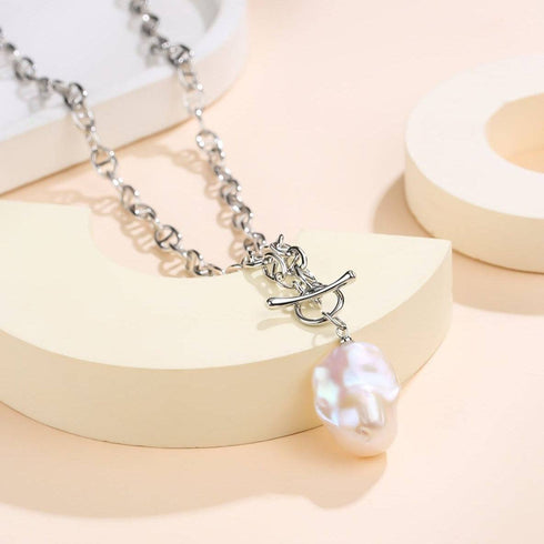 Bold Silver Chain Large Baroque Pearl Necklace