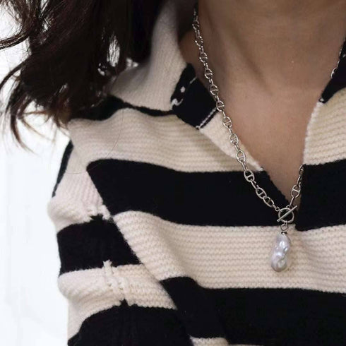 Bold Silver Chain Large Baroque Pearl Necklace