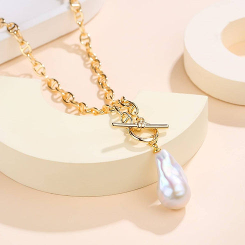 Bold Gold Chain Large Baroque Pearl Necklace