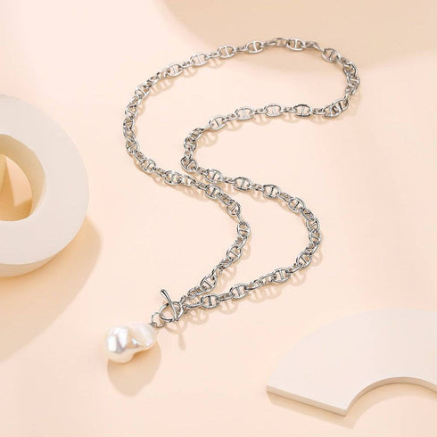 Bold Silver Chain Large Baroque Pearl Necklace
