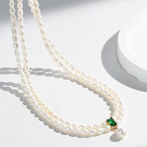Green CZ Pearl Pendant Necklace