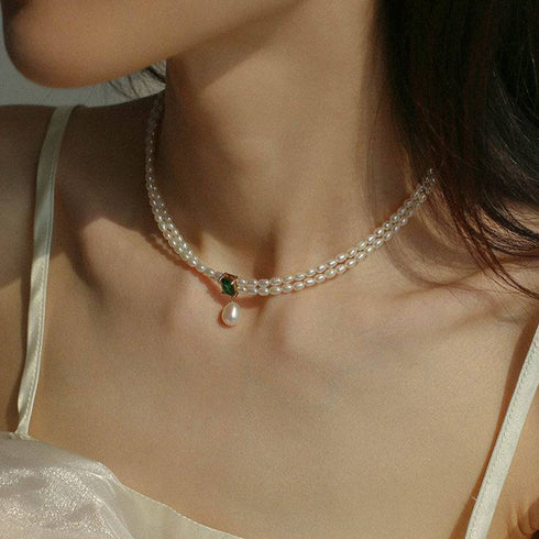 Green CZ Pearl Pendant Necklace