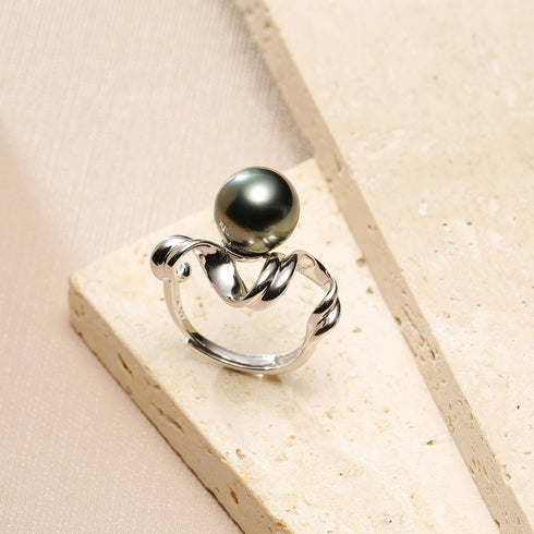 Fluid Wave Tahitian Black Pearl Ring - Sterling Silver