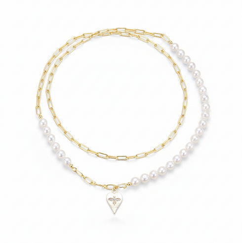 28-Inch Freshwater Pearl & Chain Necklace with Gold Heart Bee Pendant