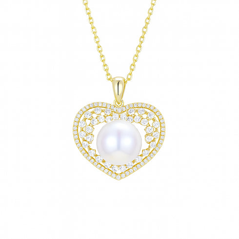 Radiant Zirconia Heart Pearl Pendant Necklace – Gold Vermeil