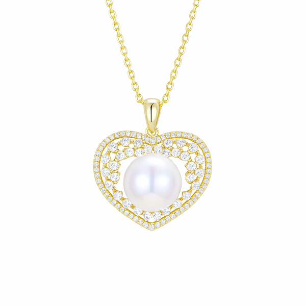 Radiant Zirconia Heart Pearl Pendant Necklace – Gold Vermeil