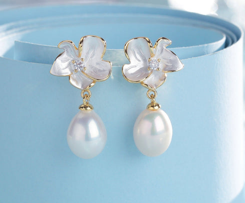 Magnolia Flower Pearl Drop Earrings