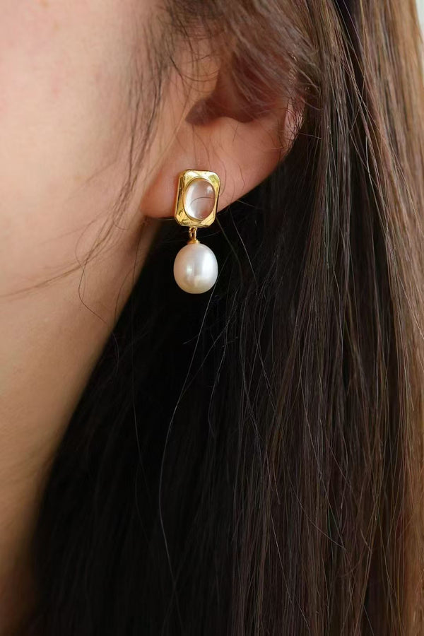 Rose Quartz Stud Pearl Drop Earrings